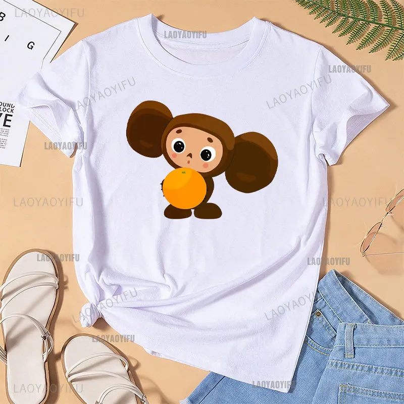 Russian Cheburashka Big-eyed Monkey Women T Shirt Crocodile Clothes Monkey Hipster Soviet Russian Doll Masculinas Novelty Top