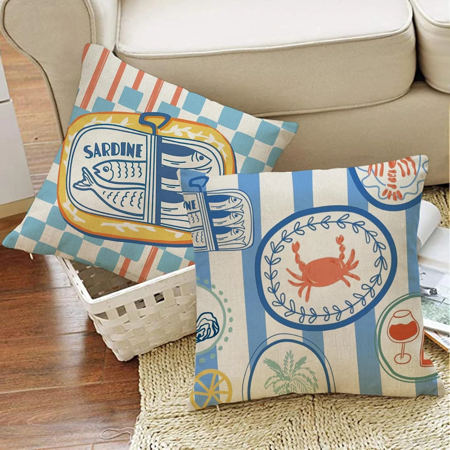 1PC 2D Flat Coastal Seafood Themed Throw Pillow Covers Vintage Nautical Kitchen Decor Cushion Cases