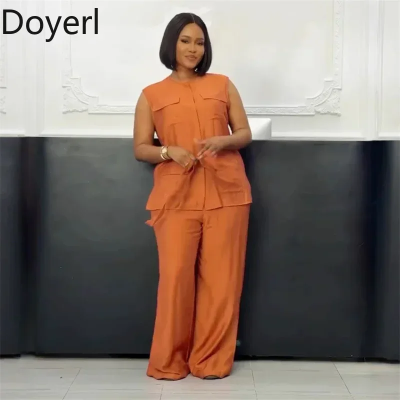 Doyerl Solid Casual Set da 2 pezzi Completi da donna Eleganza Loose Fit O-Collo Tasche senza maniche Top e pantaloni a gamba larga Set coordinati