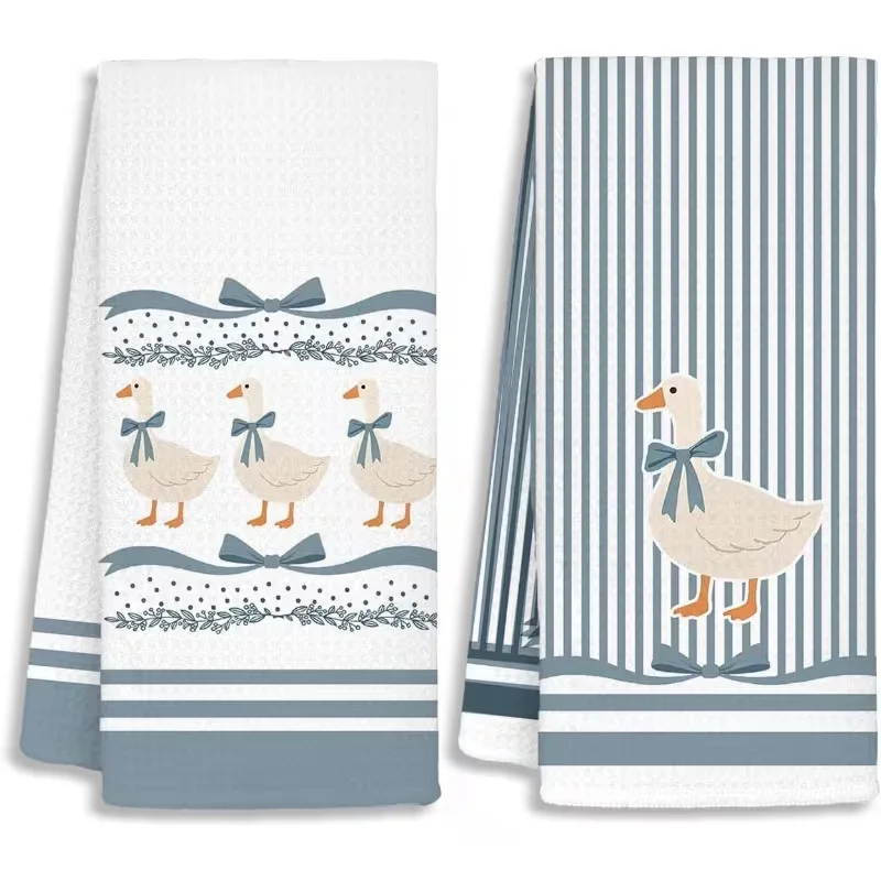 2-Pack of Rustic Towels with Delicate Blue Bow and Goose Pattern Print, Modern Art Kitchen Decorative Towels, Neighbor Gifts, Sweet Housewarming Gifts for Friends, Mom Gifts, Friend Birthday Gifts. Spring and Summer Theme