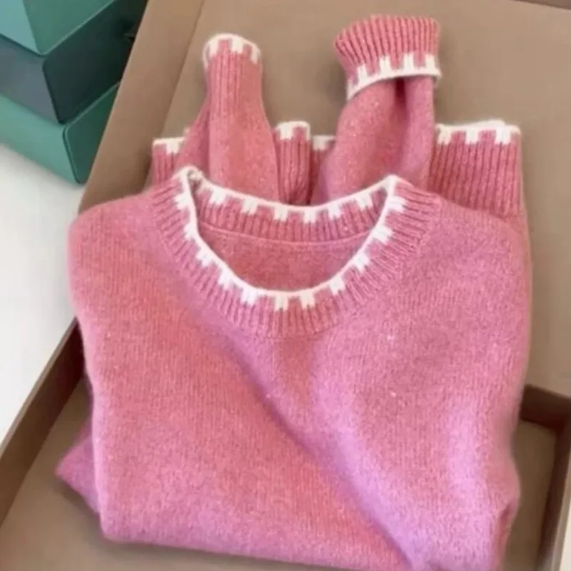

Розовый женский свитер с круглым вырезом и длинными рукавами в корейском стиле, осенний шикарный уникальный и шикарный топ