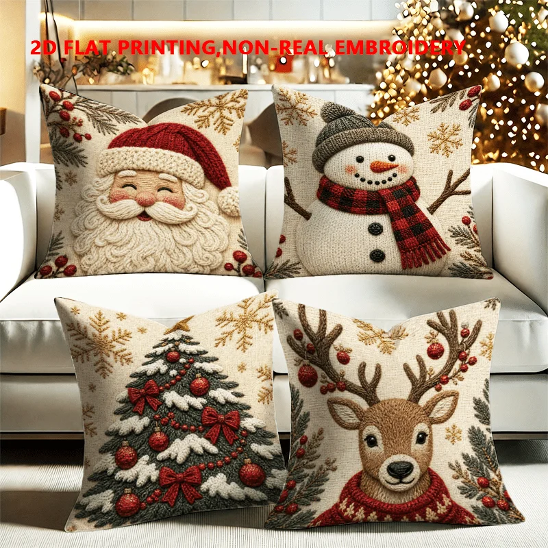 2D FLAT-4pc Christmas Festive Throw Pillow Covers Sofa and living room decoration, single-sided printing, without pillow core