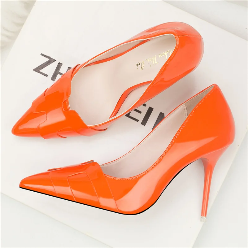 Women Fetish 9.5cm High Heels Replica Pumps Wedding Bridal Heels Orange Silver Leather Glossy Scarpins Lady Luxury Design Shoes