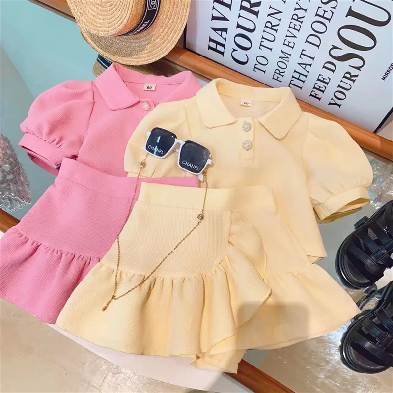 Humor Bear 2023 Summer Puff Sleeved Short Sleeved Shirt+Short Skirt 2Pcs Kid Clothes Children Girl Suit For 2-6 Years