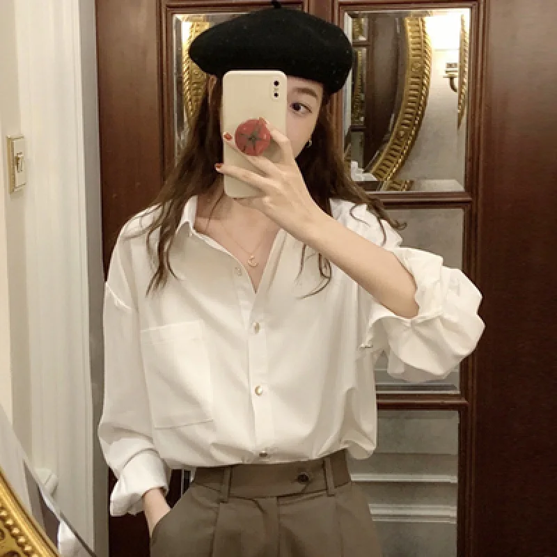 Retro Metal Buckle Solid Color Casual Shirt Top Versatile Loose Long Sleeved Temperament Shirt