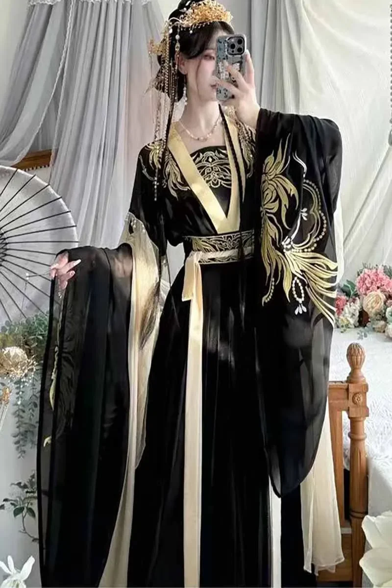 

Chinese Hanfu Dress Women Female Carnival Halloween Cosplay Costume Ancient Traditional Embroidered Red&Black Hanfu Dance Dress