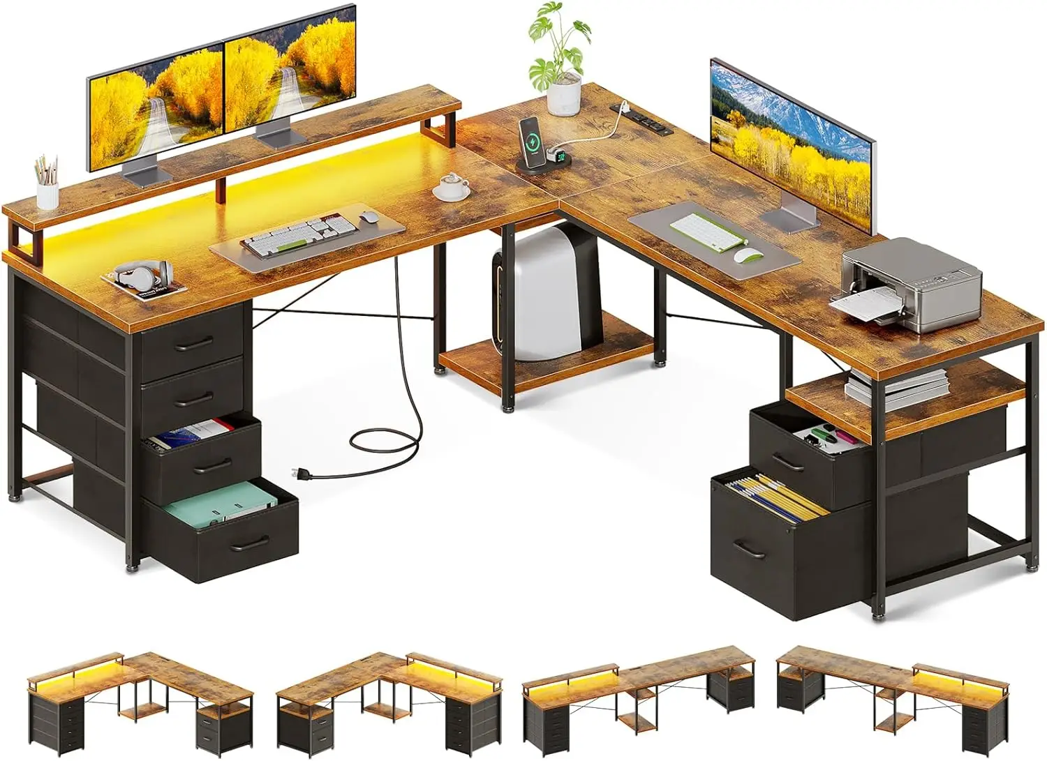 66' L-Shaped Computer Desk with File Cabinet, 4 Drawers, LED & Power Outlet, Monitor Shelf, Reversible