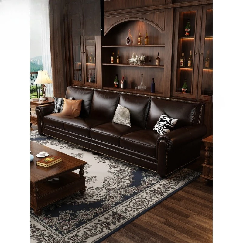 Американский стиль, ретро, масляный воск, кожаная мебель для гостиной, виллы, первый слой воловьей кожи, прямой ряд, диван для трех или четырех человек