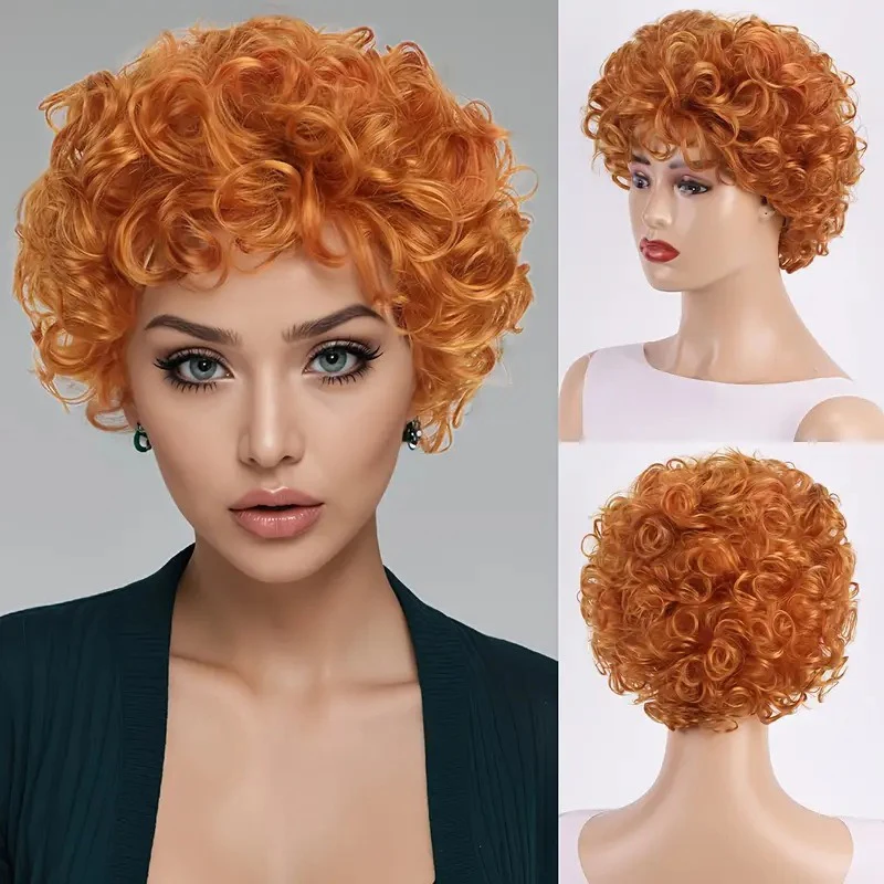 Stage Cosplay Lady Headwear Bob Haircut Africa Woman Fluffy Small Roll Wig Cocktail Party Evening Dress Match Short Curly Hair