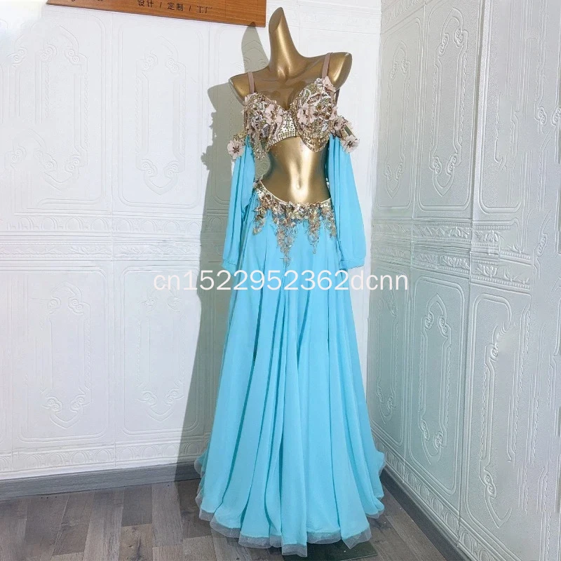 

Комплект из 3 предметов: Изысканный костюм для выступлений в стиле восточных танцев с топом с бахромой, рукавами и длинной юбкой, настраиваемый костюм для танцовщиц