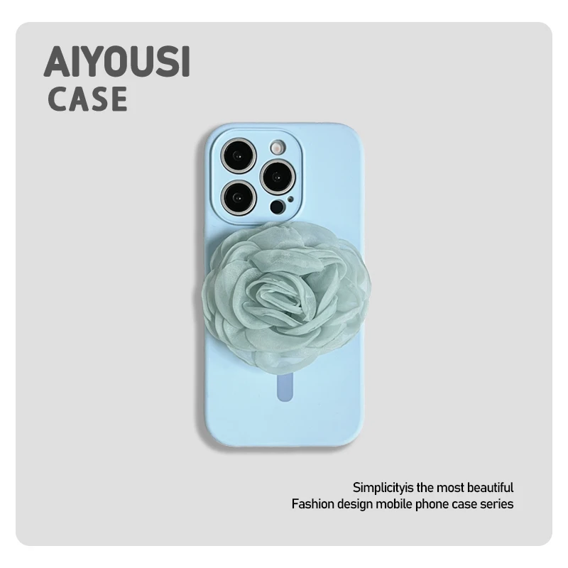 

ins wind blue magnetic camellia stand for apple 13pro case 15promax niche iphone 16 drop proof 14promax silicone protective case