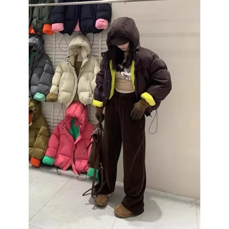 Luxury Women's Contrasting Colours Down Jacket New Style Short Style Hooded Loose Thicken Casual Candy Colours Bread Jacket