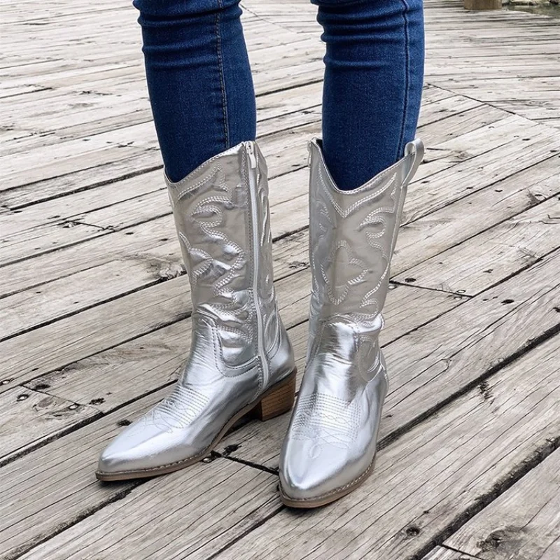 Botas altas de nieve Para Mujer, zapatos de punta puntiaguda, estilo vaquero, Vintage