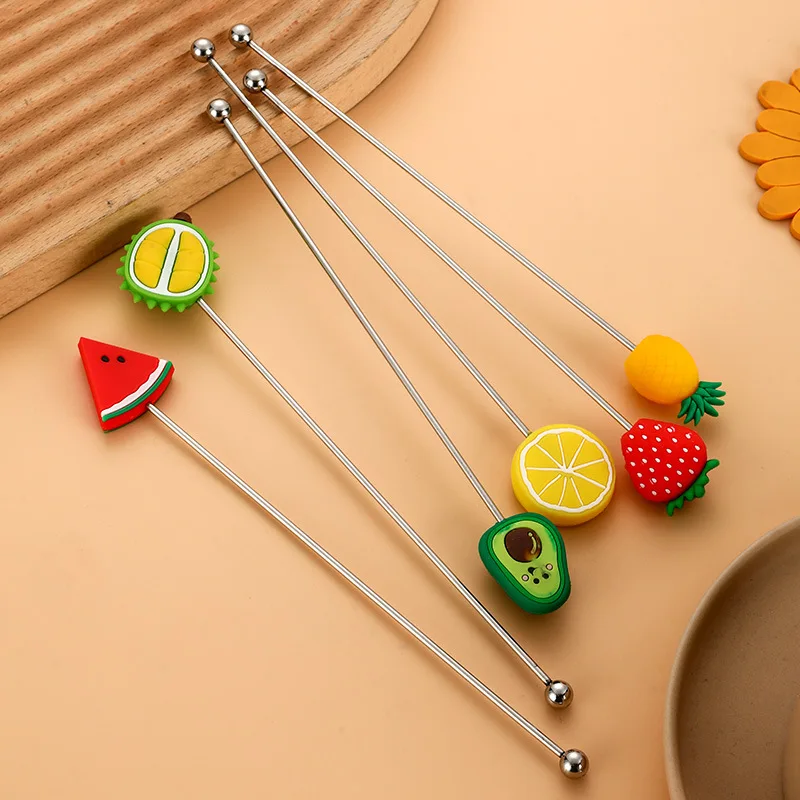 Silicone Fruit Head Stainless Steel Stirring Rod Long Handle Cocktail Drinks Mixing Sticks Mixer Barware Muddler Bar Accessories