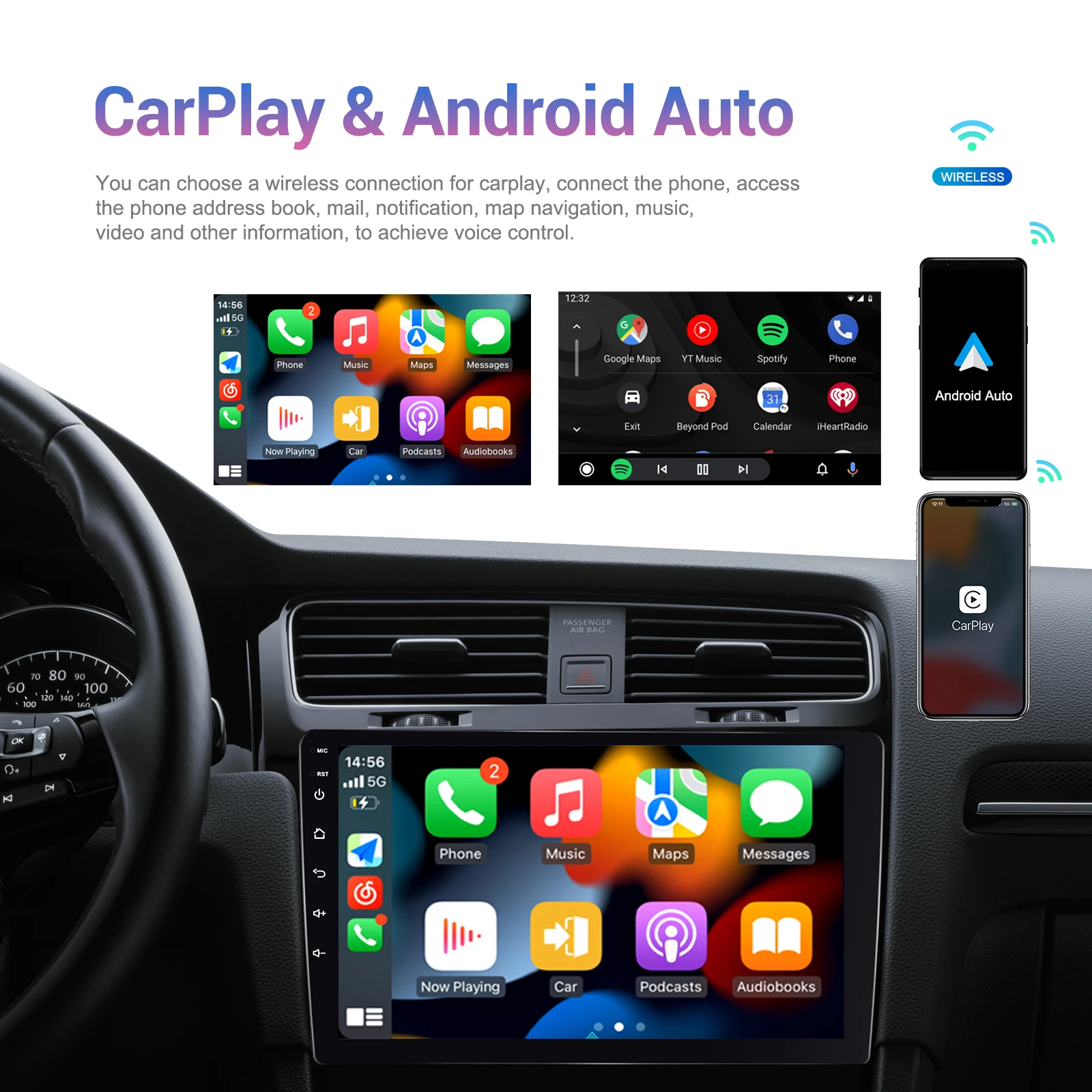 Podofo 2Din 9”Android Car GPS Radio For Universal 4+64G IPS Screen Wireless Carplay Android auto WIFI FM Radio EQ Multiple UI