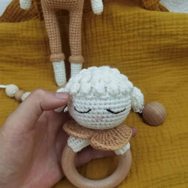 Baby Fopspeen Clip Gehaakte Schapen Tafelbel Tandjes Rammelaar Dummy Chain Jongen Meisje Unisex Bijtring Baby Douche Cadeau