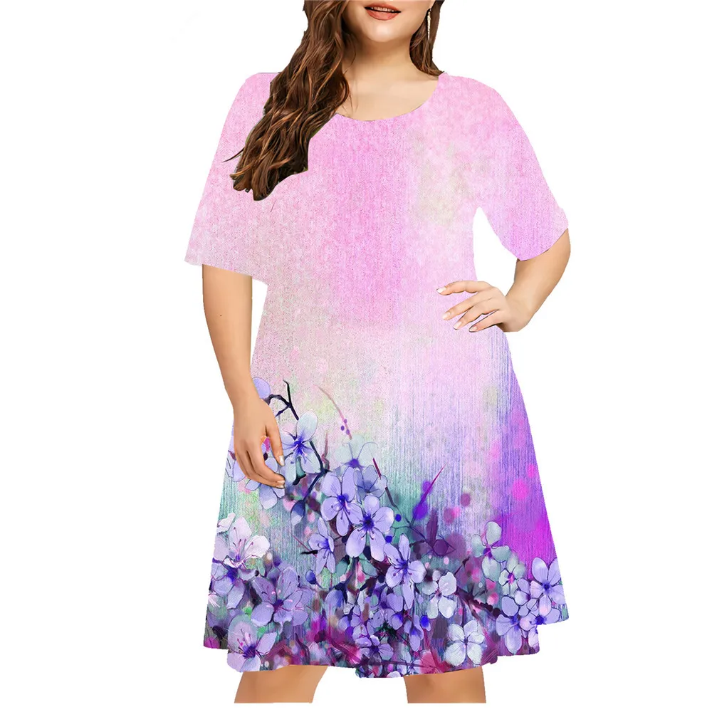 Letnie Tie Dye sukienka w kwiaty kobiet kwiatowy nadruk 3D sukienka z krótkim rękawem luźna Plus Size damska casualowa sukienka z okrągłym dekoltem