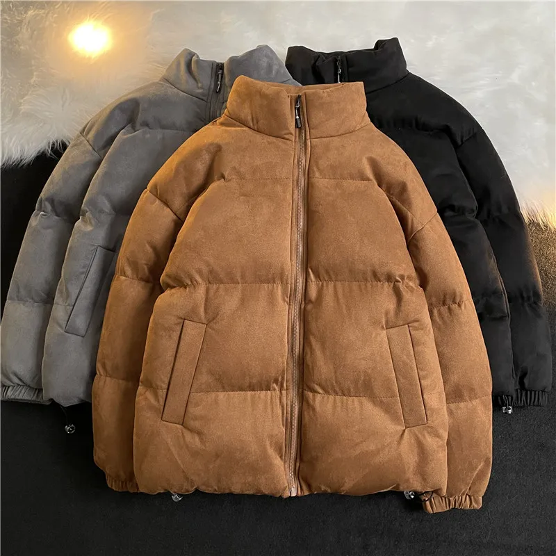 

Men's Suede Cotton Jaet Thiened Winter Casual Versatile Warm Bread Sle Coat Youth ular Loose Fit Pure Color Zipper