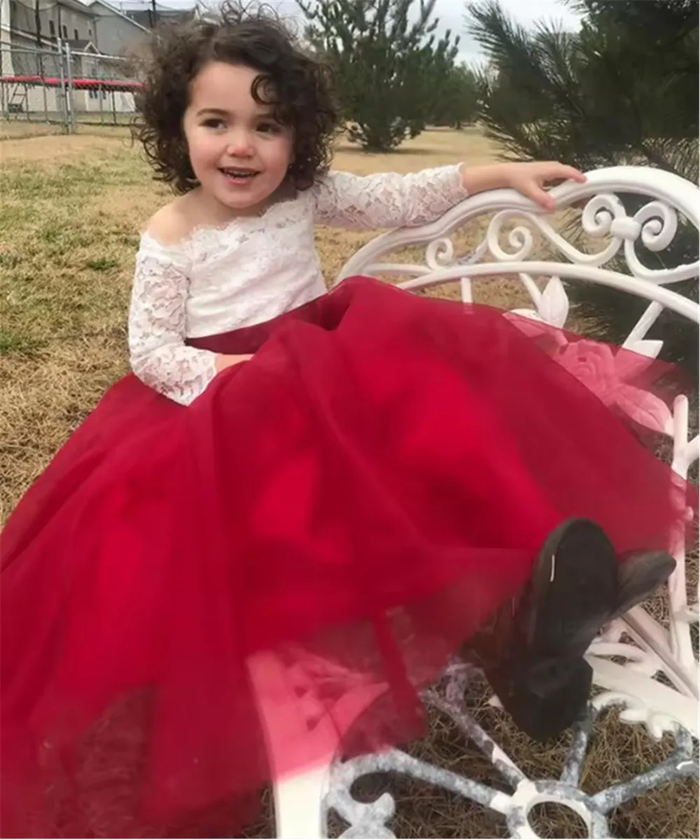 فستان زفاف فتاة الزهور بدون أكتاف مع فيونكة من الدانتيل للأطفال وحفلات أعياد الميلاد وحفلات الكريسماس فستان التواصل الأول #6