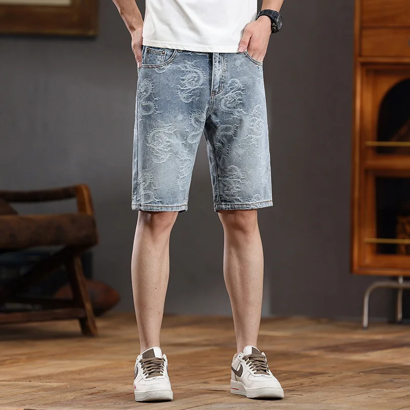 Short jeans estampado bordado masculino, calça solta, marca de moda de rua alta, tendência casual, verão, novo, 2024