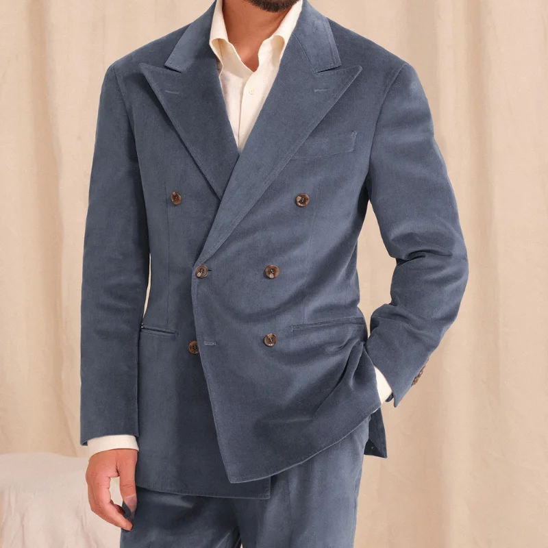 

Italian Classic Vintage Corduroy Men's Blaze Suit Two-piece Set with Double Row Buckle and Lapel Collar, Loose and Casual