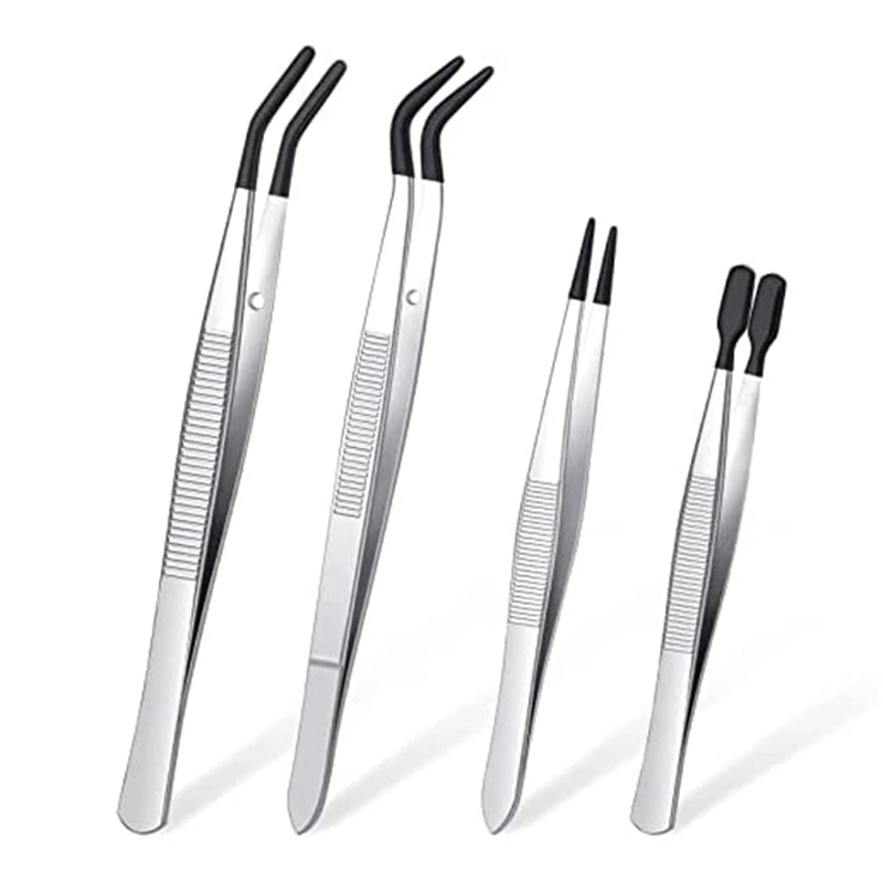 4 Pieces Tweezers Set with Rubber Tips Tweezers PVC Coated Tweezers, Rubber Fine Point Tweezers Rubber Flat Tip Tweezer