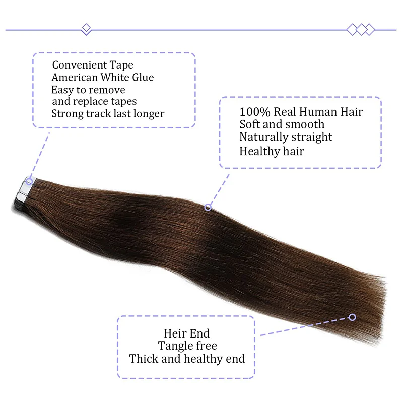 Extensões retas do cabelo do remy, fita no cabelo humano real, marrom chocolate, termina grossas, Ins, 20 PCes, 14in