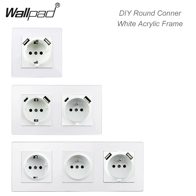 

DIY EU On Off Light Switch with LED Dimmer French Usb Type A C Wall Socket TV RJ45 CAT6 Wallpad White Acrylic Glass Frame Outlet