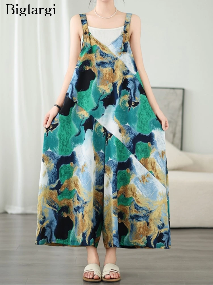 

Oversized Summer Overalls Jumpsuit With Spaghetti Straps Women Graffiti Print Loose Wide Leg Ladies Jumpsuits Casual Woman