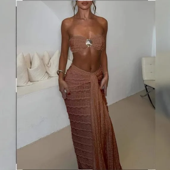 Summer Beach Tankini Woman Strapless Crop Top Tankini Set High Waist Maxi Skirt Two Piece Swimsuit Sleeveless Bikini Set