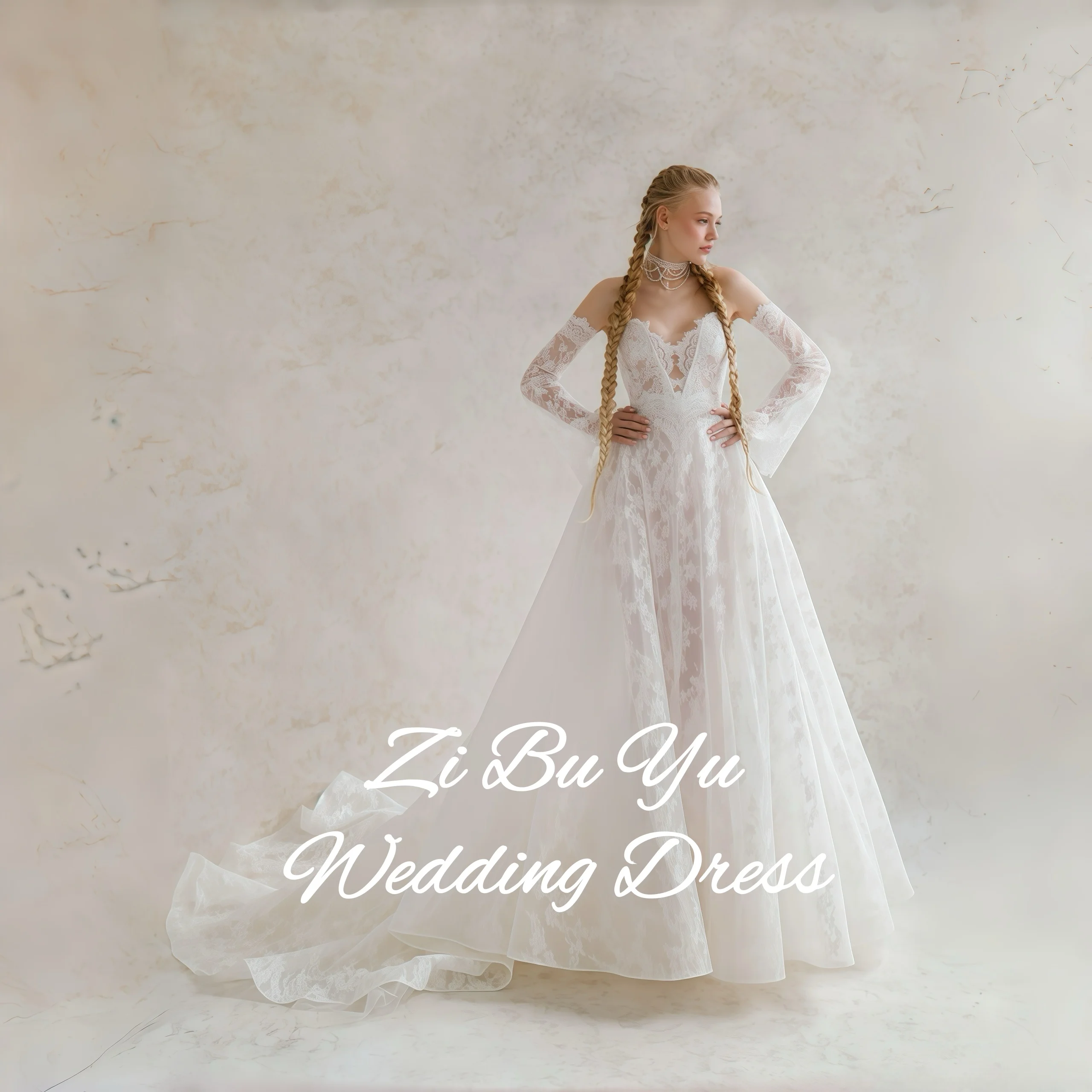 

ZIBUYU Customized Romantic Wedding Dress Off-the-Shoulder Sweetheart Neck Detachable Long Sleeve Lace Applique Tulle Bridal Gown