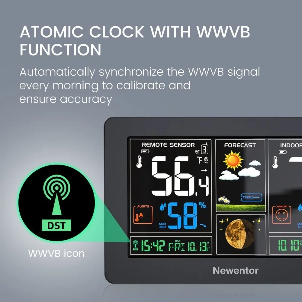 Termometer dalam ruangan luar ruangan, stasiun cuaca nirkabel, tampilan warna, termometer cuaca Digital dengan jam atom, barometrik