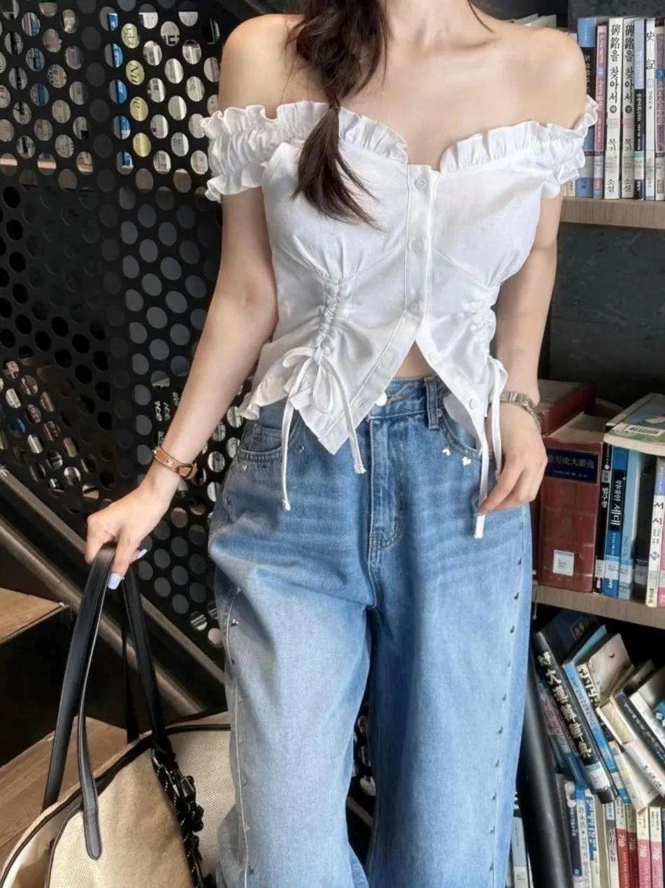 여름 신상 순수한 매력 오프숄더 드로스트링 반팔 여성 셔츠 한국 스타일 달콤한 레이스 트림 출퇴근룩 하이웨이스트