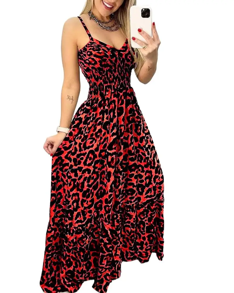 

2025 New Fashionable Backless Printed Dress Women Summer Sexy Leopard Print Suspender Sleeveless Long Dresses For Women