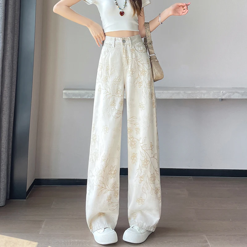 Floral Wide Leg Jeans Women High Waist Vintage Floral Branch Print Loose Straight Trousers Y2K Streetwear Holiday Vacation Wear