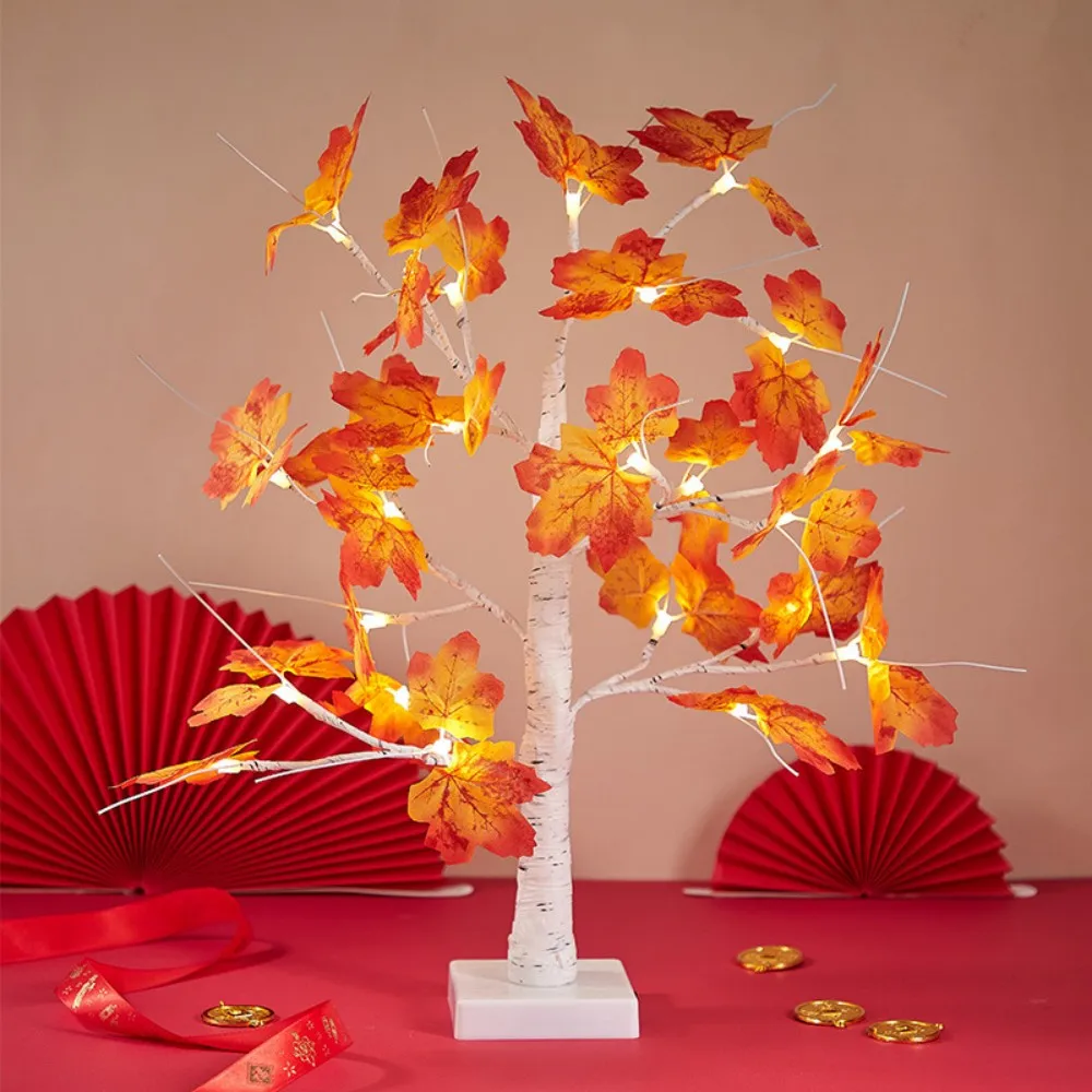 1PC Halloween White Birch Shaped Desk Lamp, Paired With Red Maple Leaves, USB/Battery Powered, Holiday Wedding Decoration Light