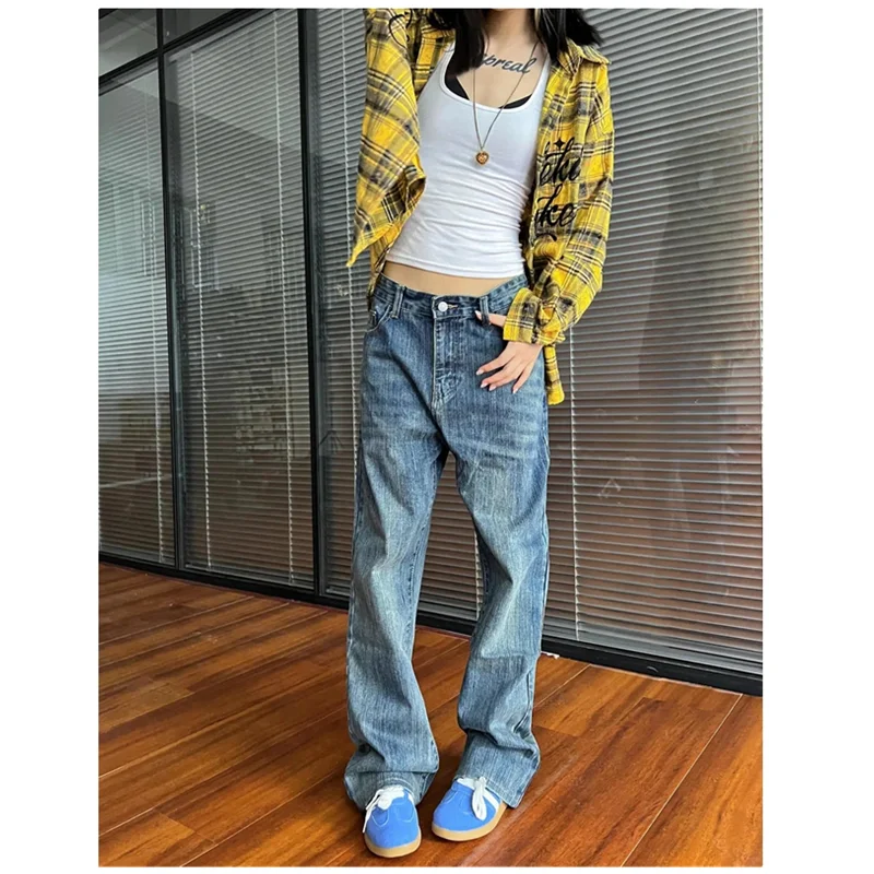 Jeans azul para mulheres, estilo americano, vintage dos anos 90, jean de cintura alta, calça reta, streetwear casual solta, calça jeans de perna larga, 2024