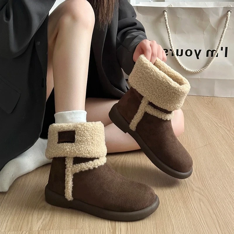 

Roll-up snow boots, women's new winter style double-layer anti-slip and warm mid-calf short boots, lined with fleece cotton.