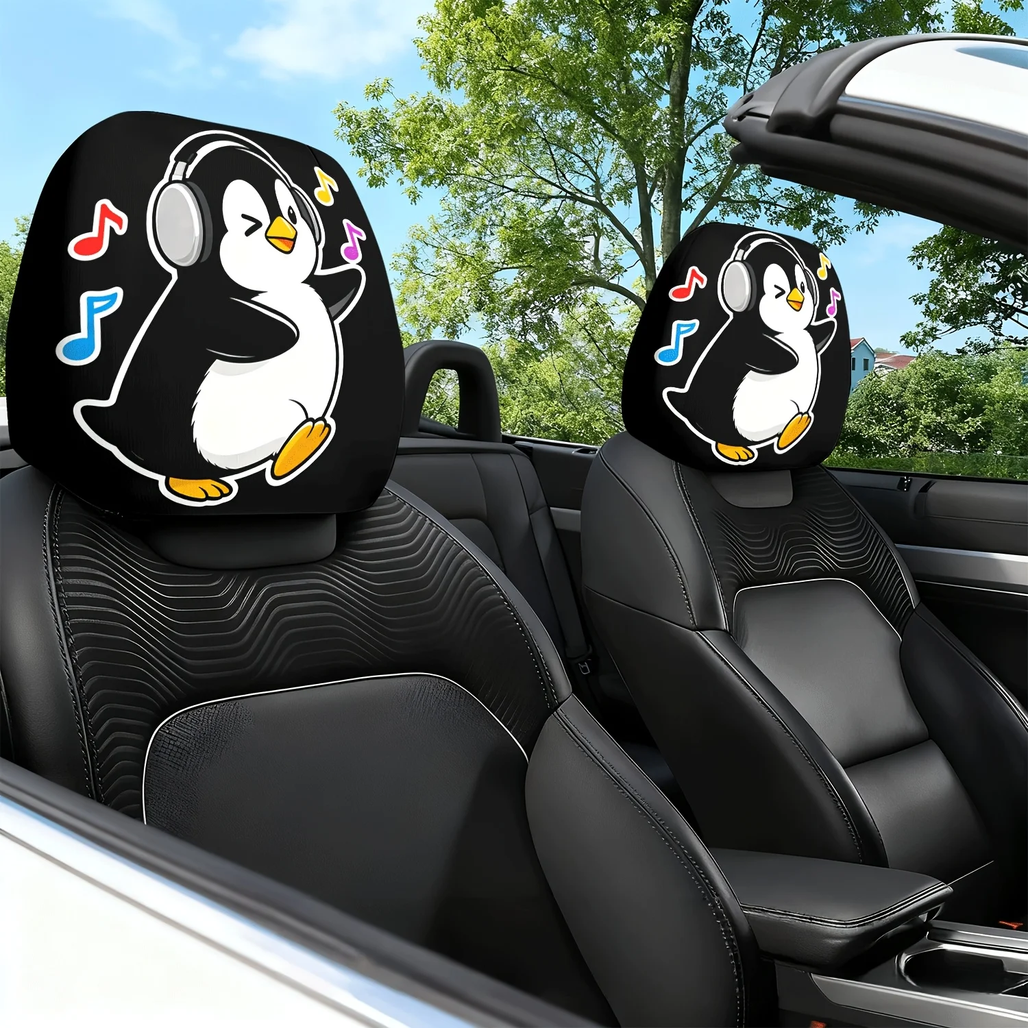 

2pcs Car Headrest Cover Headphone-Wearing Penguin Theme Print Car Seat Headrest Neck Pillow Cover - with Cute Design - Car Int