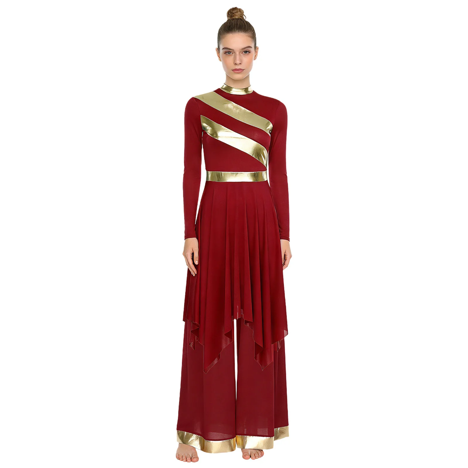 

Womens Worship Praise Dance Outfit Long Sleeve Irregular Hem Tunic Dress with Wide Leg Pants 2Pcs Liturgical Lyrical Dancewear