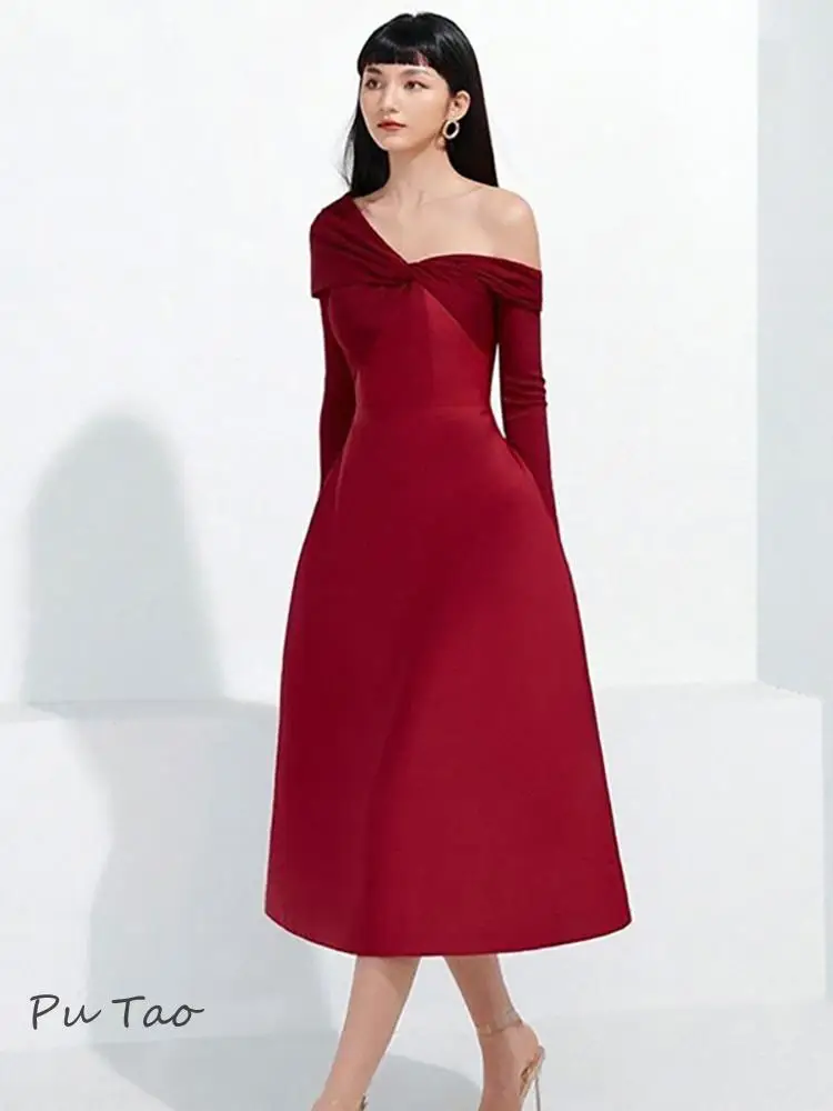 Putao Red Women's Fashion Prom Dress Diagonal Collar Long Sleeve Patchwork High Waist Elegant Wedding Evening Dresses 2024