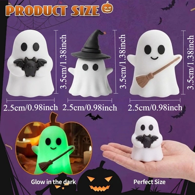 3pcs Mini Spooky Glow‑in‑Dark Ghost Figure Luminous Ghost Statue Halloween Home Desktop Ornament Holiday Party Decoration Gift
