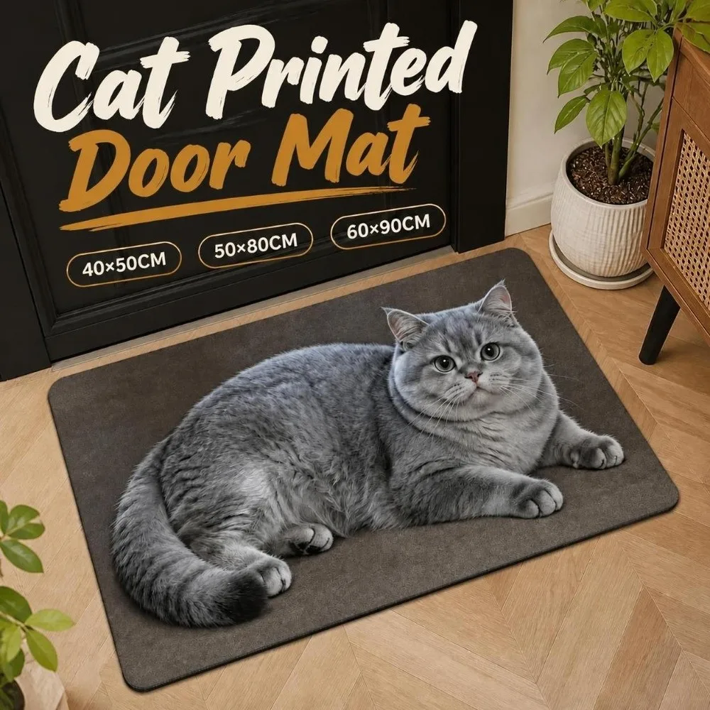 Cute Cat Printed Diatomite Door Mat Lifelike Wear-resistant Entryway Rug Easy-clean Absorbent Home Floor Mat Porch