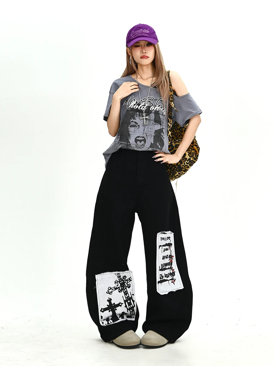 

Lazy Girl Patchwork Knife Loose Women's Jeans American Retro Versatile Wide Leg Pants Trendy Summer New Arrival