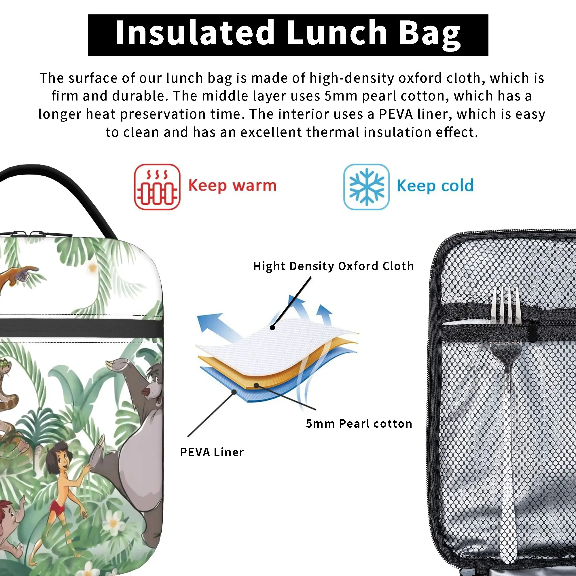 The Jungles Books Lunchtasche, modische Lunchbox für Kinder, Reisen, tragbare, isolierte Kühltasche, wasserdichte Grafik-Tragetasche für Lebensmittel – Detail 5