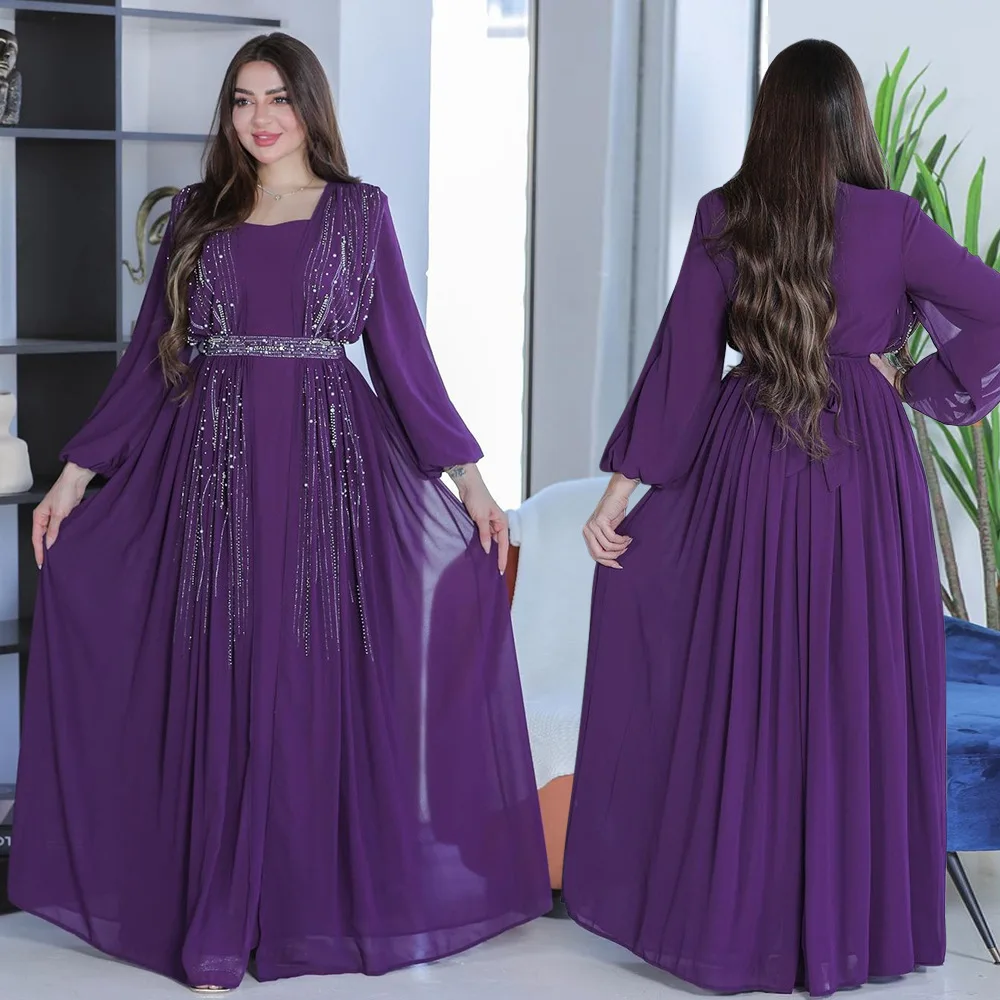 

Muslim Diamond Dinner Dress with Belt Fashion Large Swinging Robe for Women Elegant Long Sleeve A-line Party Gown Islam Clothing