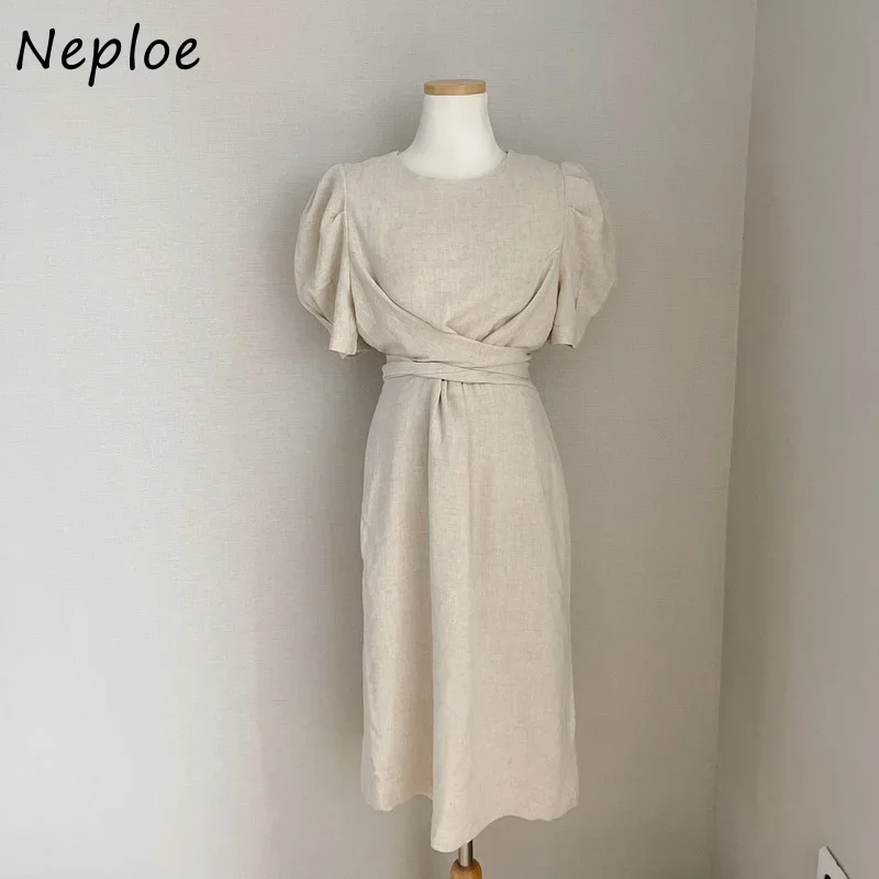 Neploe Summer Dress for Women 2024 Solid Office Ladies Puff Sleeve Korean Chic Vestidos Bow Bandage Robe Femme A-line