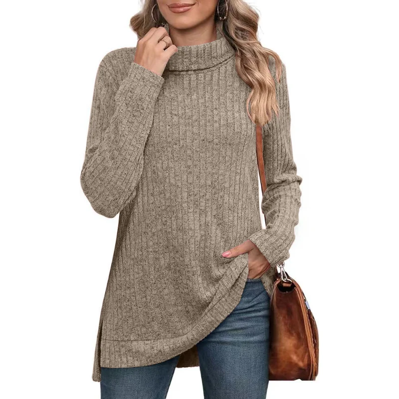 Camiseta holgada de cuello alto para mujer, Top holgado con corte dividido, ropa de ocio para oficina, otoño e invierno, 2023