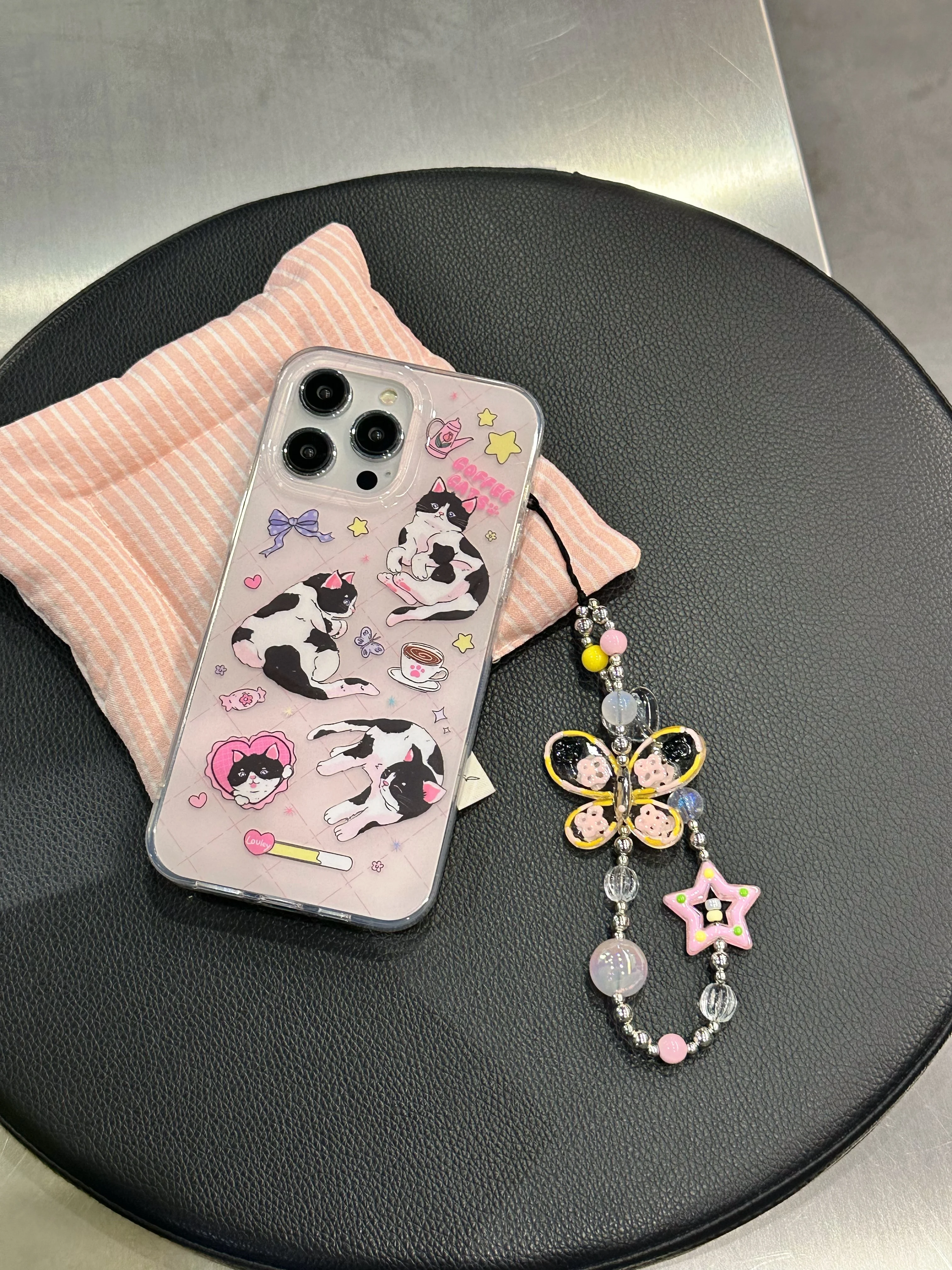 Lovely INS Double Layer Cute Cup Cat Wrist Chain Phone Case for iPhone 15 14 13 Pro Max Back Phone Cover for 12 11 Pro Max Capa