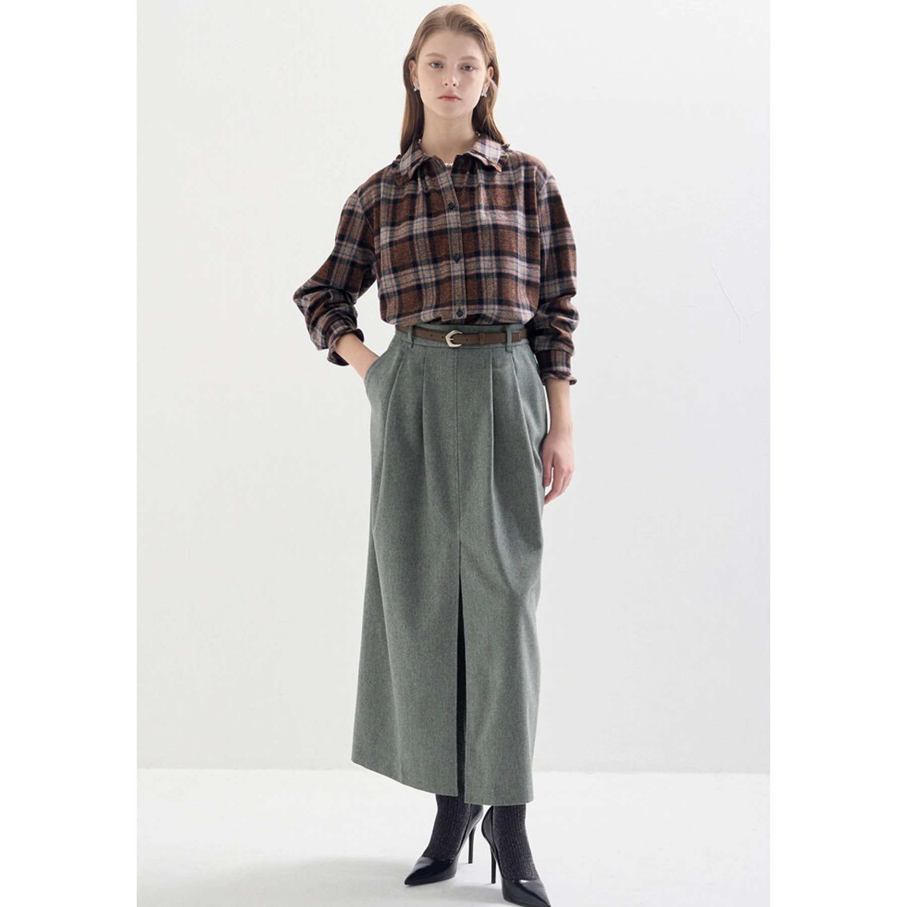 

Faionable Casual Plaid irt Lemon Cheese LAN25 Autumn Collection Turn-down Collar Versatile Beige Series Cotton Blend